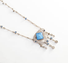 Load image into Gallery viewer, Antique art deco sterling silver filigree blue star sapphire glass necklace
