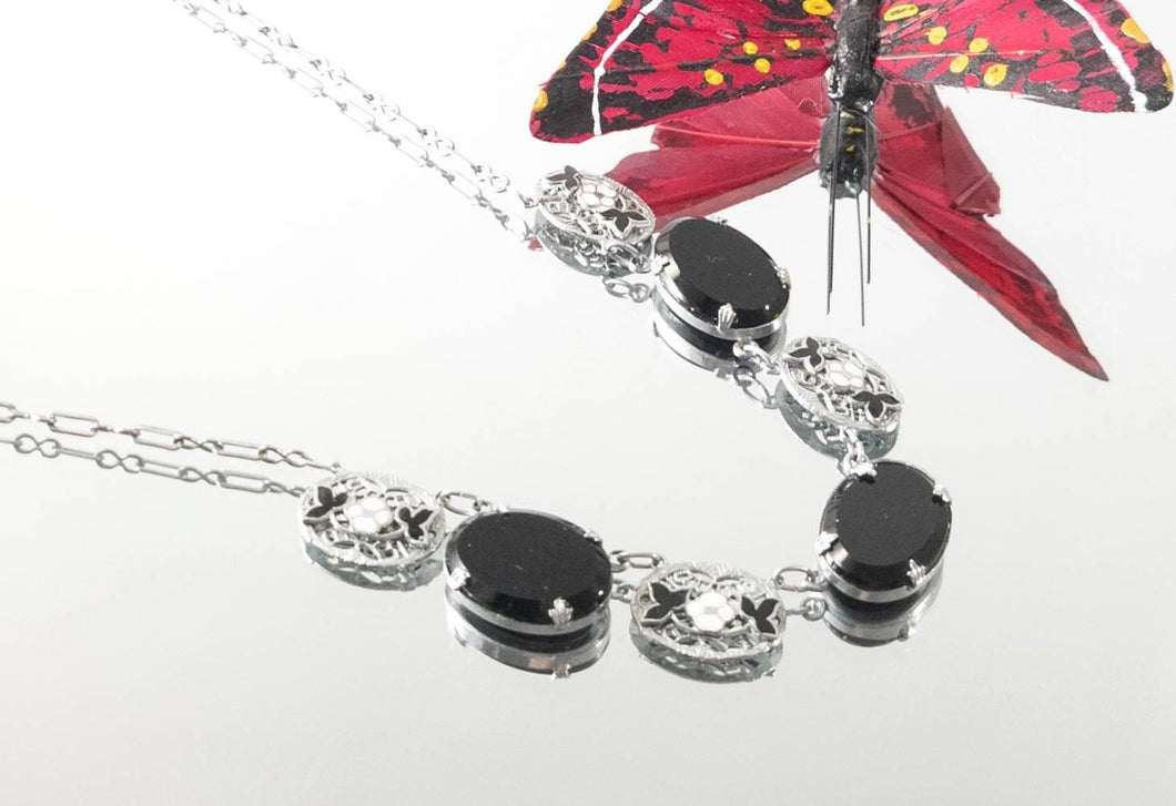 Vintage art deco open back black onyx glass floral enamel rhodium filigree link collar necklace