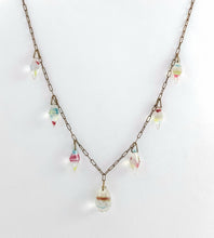 Load image into Gallery viewer, Vintage art deco rainbow faceted iris crystal briolette drop necklace on krinkle chain
