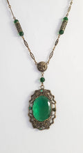 Load image into Gallery viewer, Vintage art deco large emerald green Czech glass pendant and brass filigree necklace Neiger?
