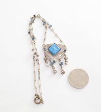 Load image into Gallery viewer, Antique art deco sterling silver filigree blue star sapphire glass necklace
