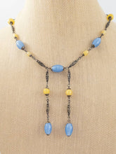 Load image into Gallery viewer, Vintage art deco Czech blue and yellow satin glass drop necklace
