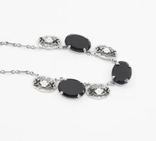 Load image into Gallery viewer, Vintage art deco open back black onyx glass floral enamel rhodium filigree link collar necklace
