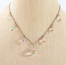 Load image into Gallery viewer, Vintage art deco rainbow faceted iris crystal briolette drop necklace on krinkle chain
