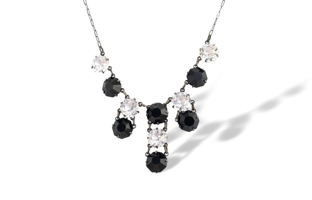 Vintage art deco Edwardian open back bezel set cut crystal and black glass riviere festoon necklace