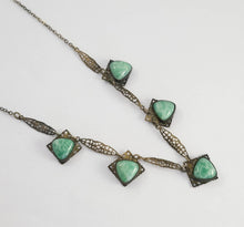 Load image into Gallery viewer, Early art deco antique Czech Peking glass brass filigree necklace
