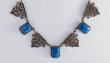 Load image into Gallery viewer, Vintage art deco blue marbled lapiz glass cabochon and brass filigree link necklace
