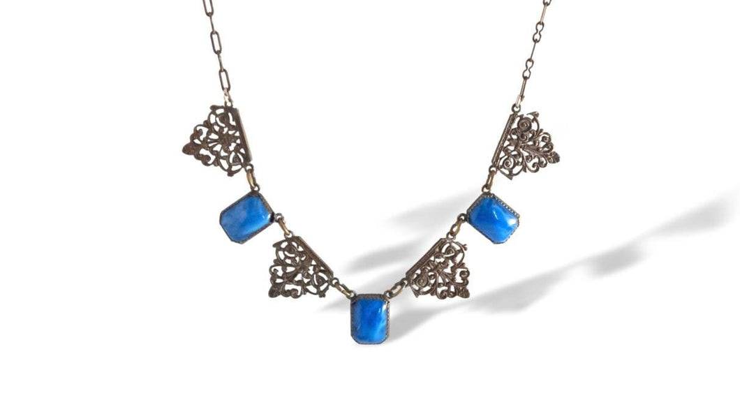 Vintage art deco blue marbled lapiz glass cabochon and brass filigree link necklace