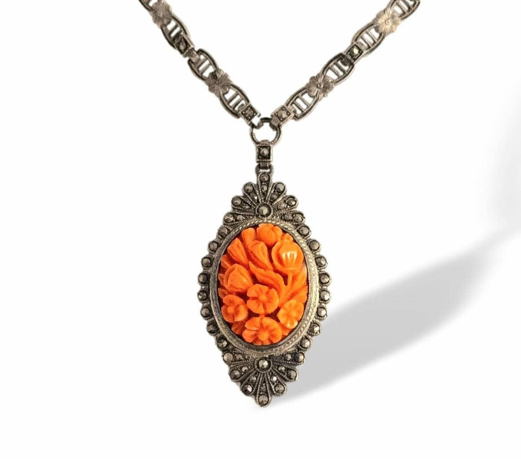 Antique art deco sterling silver molded floral coral glass necklace with marcasite