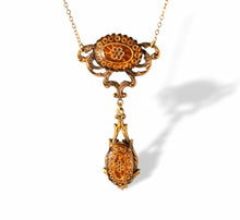 Load image into Gallery viewer, Vintage art deco Edwardian gold filled molded starburst carnelian glass drop necklace
