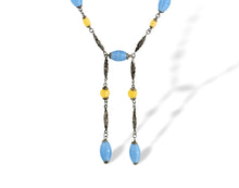 Load image into Gallery viewer, Vintage art deco Czech blue and yellow satin glass drop necklace
