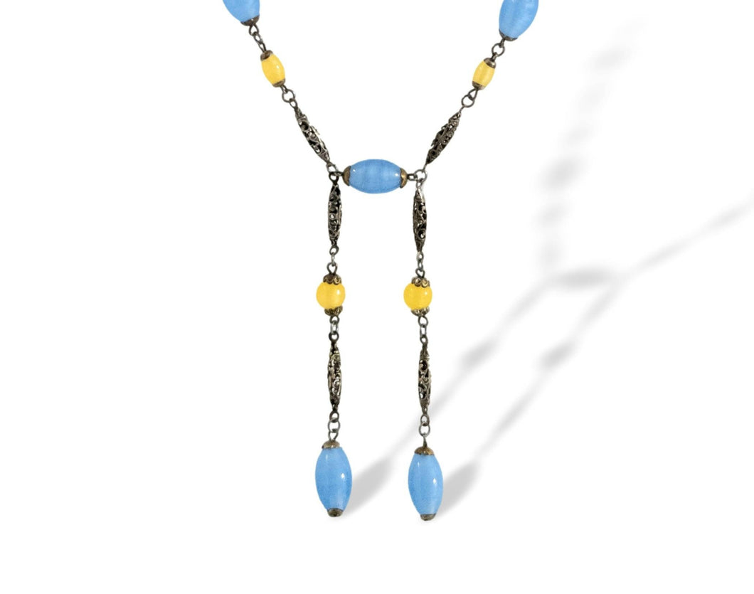 Vintage art deco Czech blue and yellow satin glass drop necklace