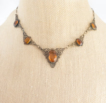 Load image into Gallery viewer, Vintage art deco nouveau citrine glass and brass filigree necklace
