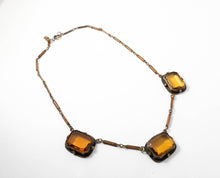 Load image into Gallery viewer, Vintage art deco faceted citrine Czech glass and brass necklace with enamel inlay link chain signed
