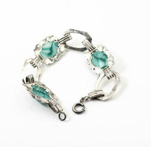 Load image into Gallery viewer, Early art deco 1920s antique etched sterling silver green marbled glass link bracelet
