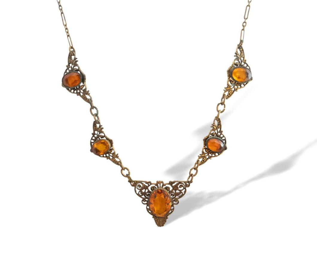 Vintage art deco nouveau citrine glass and brass filigree necklace