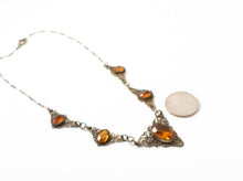 Load image into Gallery viewer, Vintage art deco nouveau citrine glass and brass filigree necklace
