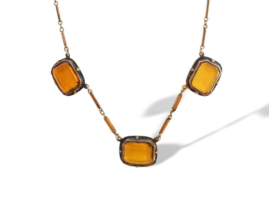 Vintage art deco faceted citrine Czech glass and brass necklace with enamel inlay link chain signed