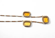 Load image into Gallery viewer, Vintage art deco faceted citrine Czech glass and brass necklace with enamel inlay link chain signed
