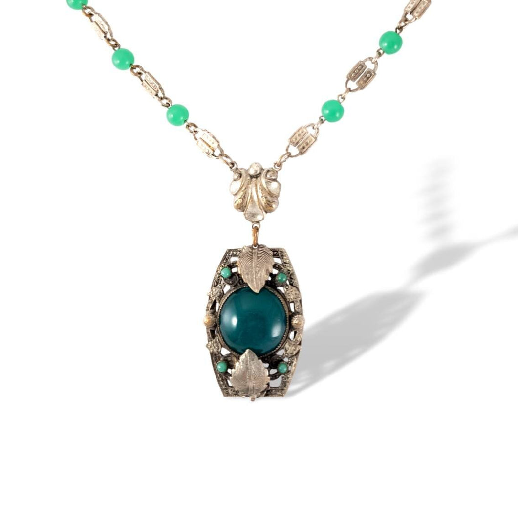 Vintage art deco nouveau chrysophase glass leaf motif lavaliere necklace with beaded link chain