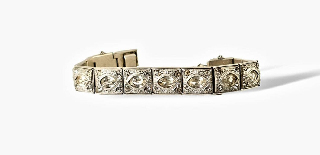 Antique art deco nouveau rhodium plated clear paste rhinestone link bracelet