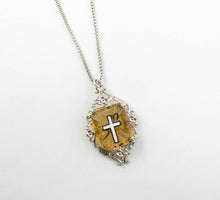 Load image into Gallery viewer, Delicate vintage art deco yellow camphor glass enamel cross filigree necklace
