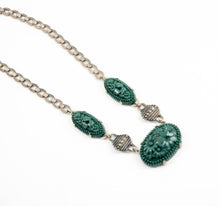 Load image into Gallery viewer, Vintage art deco sterling silver molded floral green glass cabochons and marcasite bib necklace
