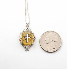 Load image into Gallery viewer, Delicate vintage art deco yellow camphor glass enamel cross filigree necklace
