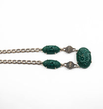Load image into Gallery viewer, Vintage art deco sterling silver molded floral green glass cabochons and marcasite bib necklace
