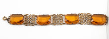 Load image into Gallery viewer, Vintage citrine Czech Glass and floral brass filigree art deco bracelet, signed
