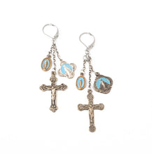 Load image into Gallery viewer, Handmade vintage cross earrings with blue enamel Miraculous medals on chain dangle earrings religious assemblage jewelry
