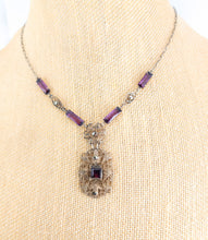 Load image into Gallery viewer, Art Deco amethyst glass marcasite silver floral filigree necklace vintage gifts for her

