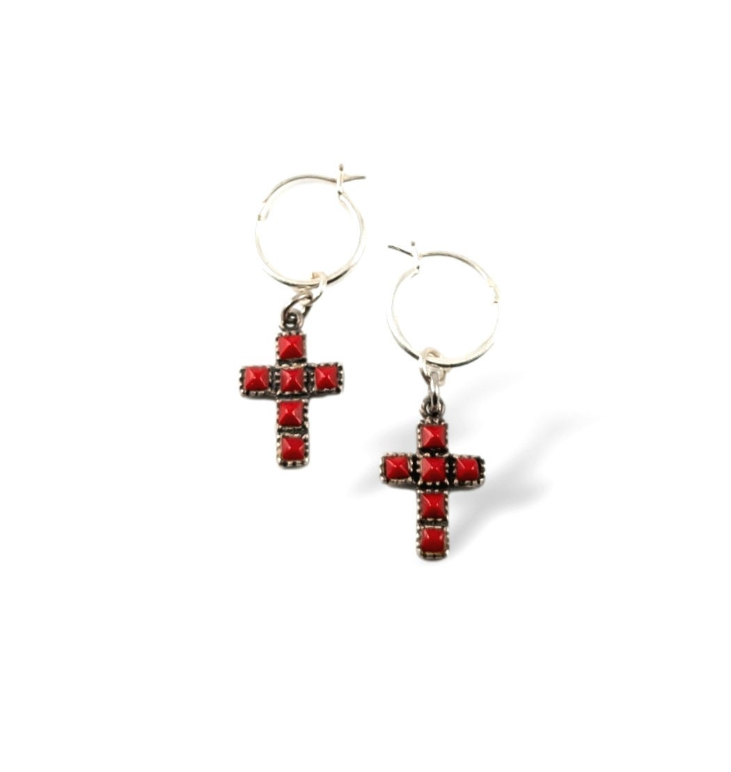 Handmade vintage sterling silver cross hoop red coral dangle earrings cross jewelry gifts for her