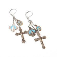 Load image into Gallery viewer, Handmade vintage cross earrings with blue enamel Miraculous medals on chain dangle earrings religious assemblage jewelry
