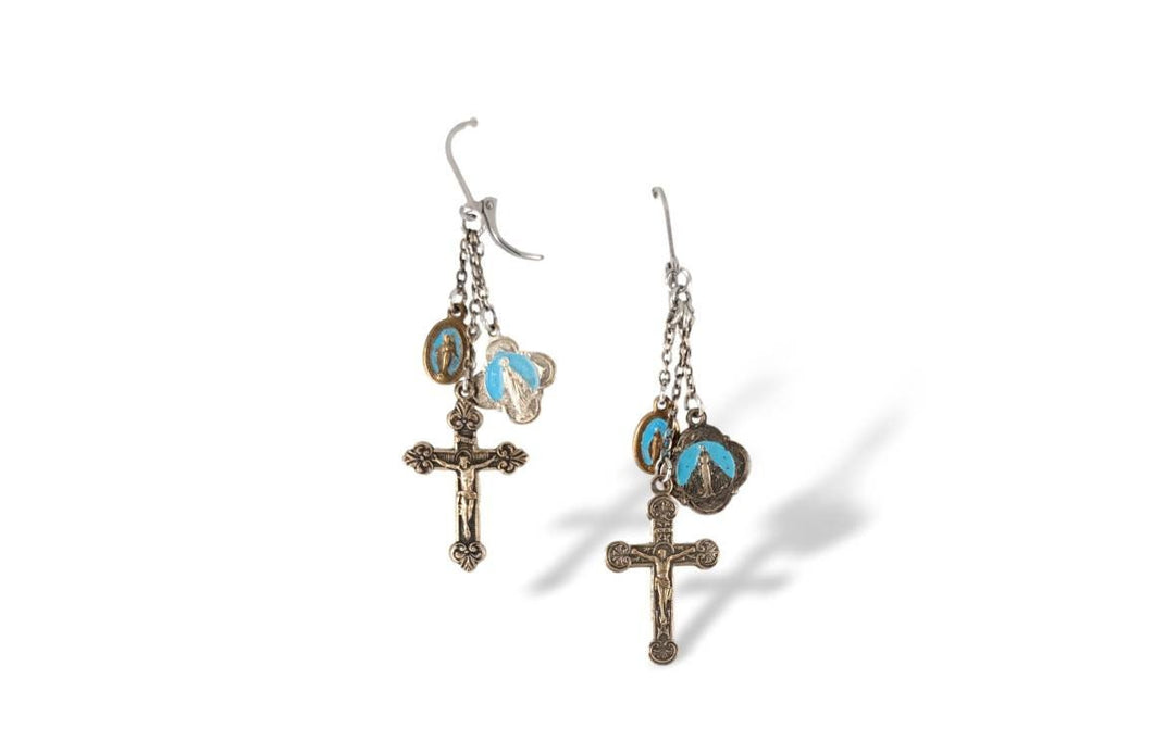 Handmade vintage cross earrings with blue enamel Miraculous medals on chain dangle earrings religious assemblage jewelry