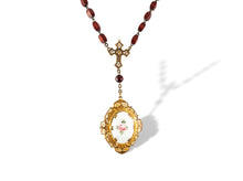 Load image into Gallery viewer, Handmade vintage cross necklace with guilloche locket on teakwood rosary beads religious assemblage gifts for her
