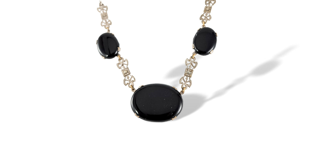 Vintage art deco black glass cabochons and marcasite link necklace