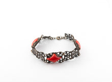 Load image into Gallery viewer, Vintage red Czech glass and brass filigree art deco bracelet signed gifts for her
