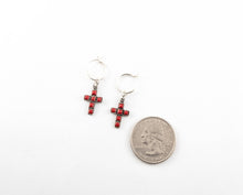 Load image into Gallery viewer, Handmade vintage sterling silver cross hoop red coral dangle earrings cross jewelry gifts for her
