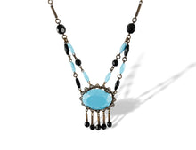 Load image into Gallery viewer, Vintage turquoise and black Czech Glass art deco festoon pendant necklace with fringe signed gifts for her
