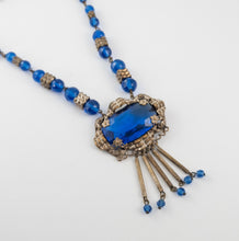 Load image into Gallery viewer, Vintage cobalt blue Czech glass and brass filigree Max Neiger? art deco pendant necklace with fringe signed gifts for her
