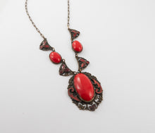 Load image into Gallery viewer, Vintage red Czech glass and enamel brass Max Neiger art deco filigree necklace gifts for her
