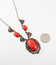 Load image into Gallery viewer, Vintage red Czech glass and enamel brass Max Neiger art deco filigree necklace gifts for her
