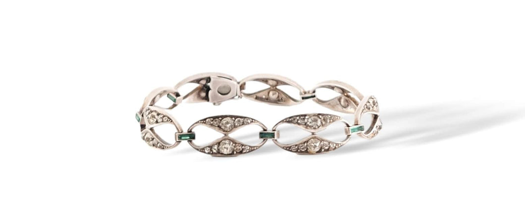 German made vintage Edwardian art deco clear and emerald green paste stones sterling silver link bracelet gifts for her