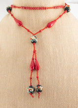 Load image into Gallery viewer, Vintage art deco red glass beaded flapper style necklace with wedding cake beads and fringe gifts for her
