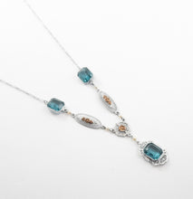 Load image into Gallery viewer, Vintage art deco Edwardian teal blue glass with gold and rhodium plated filigree pendant necklace gifts for her
