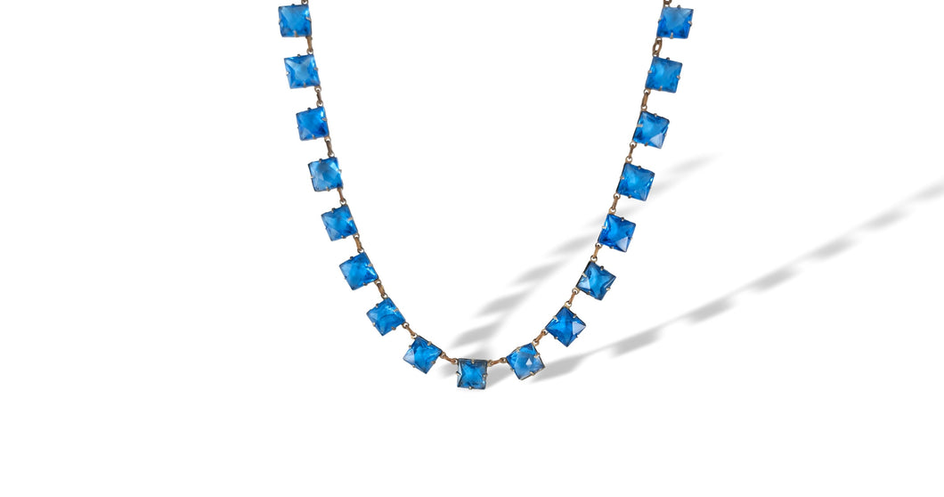 Vintage art deco Edwardian denim blue faceted crystal glass paste bezel set open back riviere necklace gifts for her