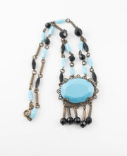 Load image into Gallery viewer, Vintage turquoise and black Czech Glass art deco festoon pendant necklace with fringe signed gifts for her
