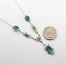 Load image into Gallery viewer, Vintage art deco Edwardian teal blue glass with gold and rhodium plated filigree pendant necklace gifts for her
