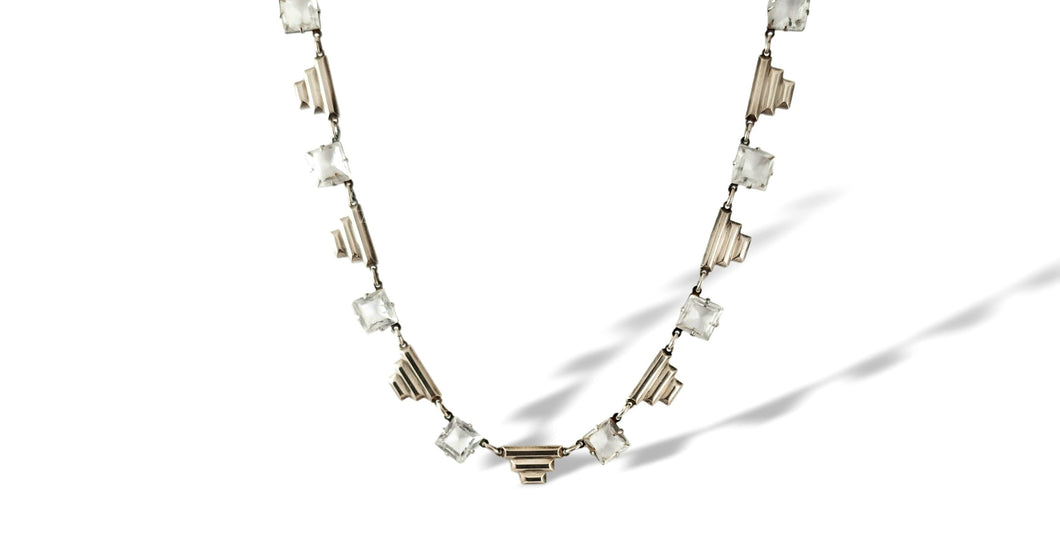 Early art deco crystal paste sterling silver geometric step links open back bezel set antique necklace